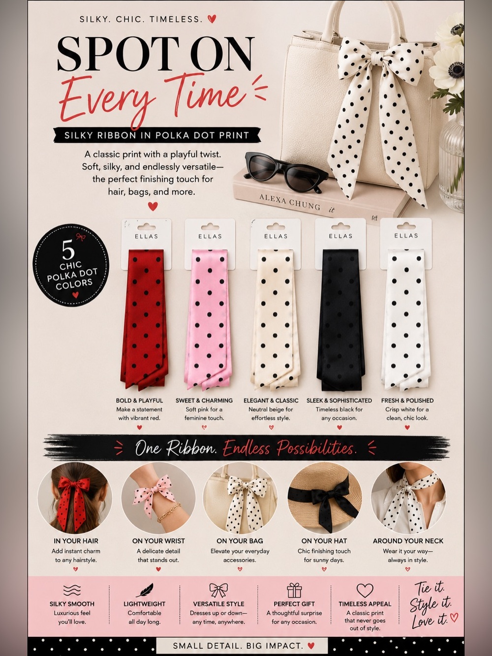Silky Ribbon - Pink, Cream, Black, Red, or White - Choose One